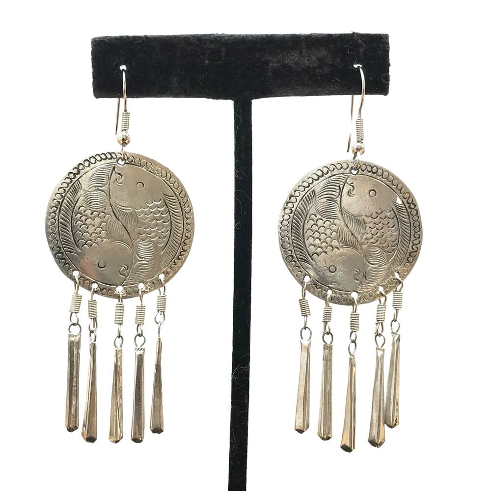 Sterling Silver Handcrafted Koi Fish Drop Dangle Earrings Etched Design 3” Long